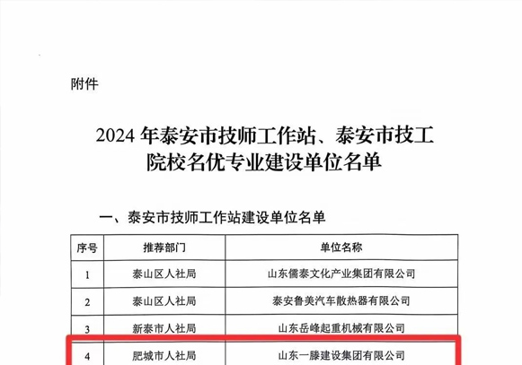 【祝賀】一滕建設集團入選泰安市技師工作站建設單位